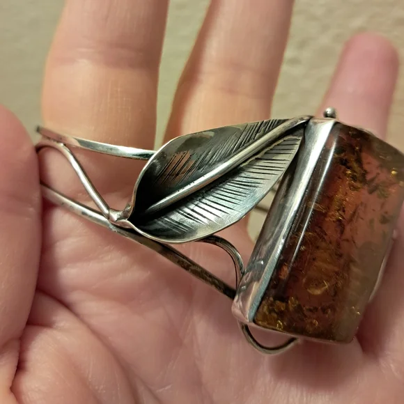 Vintage Sterling Silver Natural Amber Artisan Cuff with Leaf Motif